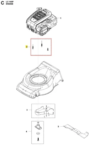 Zestaw instalacyjny kosiarki LC 140P Husqvarna zawiera silnik, obudowę z otworem, detal montażowy i ostrze, przedstawione w prostym, graficznym widoku z góry na schemacie.