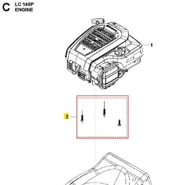 Zestaw instalacyjny kosiarki LC 140P Husqvarna pokazuje górną część silnika z widocznymi otworami montażowymi w centrum, na jasnym tle w formie rysunku technicznego, bez kolorów i ocen.
