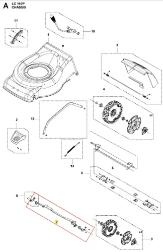 Oś kosiarki LC 140P Husqvarna, metalowa, zredukowana do koloru szarego, z zainstalowanymi mocowaniami. Widok frontalny, zblizony, ukazujący detale mocowań. Osprzęt do kosiarki z elementami konstrukcyjnymi widocznymi na schemacie.
