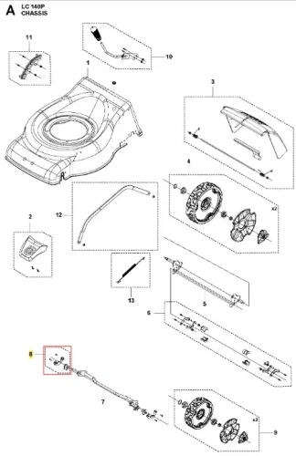 Metalowa oś kosiarki Husqvarna LC 140P, srebrna, poziomo na jasnym tle. Posiada mocowania i wyraźne detale mechanizmu po obu stronach.