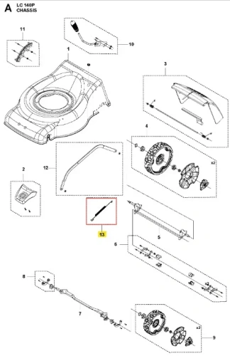 Sprężyna kosiarki LC 140P Husqvarna z metalowym, wytrzymałym korpusem o wydłużonym kształcie i ciemnoszarym kolorze. Widoczna z boku w pozycji leżącej, z wyraźnymi oznaczeniami na końcach. Idealna do zastosowań w narzędziach ogrodowych.