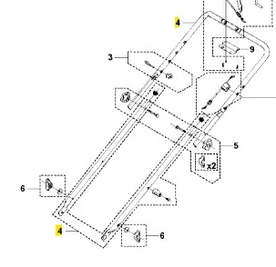 Uchwyt zestawu kosiarki LC 353AWD Husqvarna z widocznymi elementami montażowymi, w tym śrubami i mocowaniami. Produkt przedstawiony z góry, w układzie rozłożonym. Wykonany z metalu, z oznaczeniami numerów części. Tło proste, na białym tle.