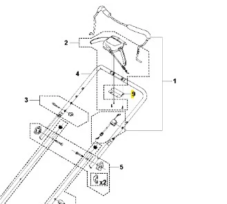 Płyta kosiarki LC 353AWD Husqvarna w widoku z góry, ukazująca szczegóły konstrukcyjne, z opisanymi elementami jak przyciski mocowania (numery 1, 2, 3, 4, 5) i znaczniki, w tym duża strzałka wskazująca odmianę. Tło neutralne, jasne.
