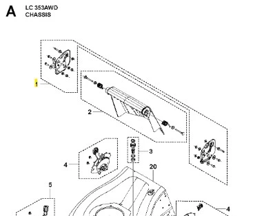 Schemat zestawu uchwytów do kosiarki LC 353AWD Husqvarna. Widać elementy konstrukcyjne, w tym uchwyty i mocowania, z numeracją części. Rysunek techniczny z detalami montażu, na białym tle, z wyraźnymi liniami i symbolami.