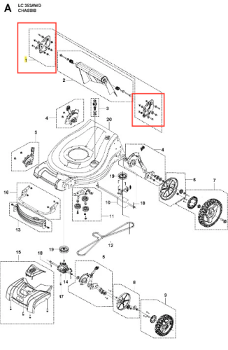 Schemat przedstawiający zestaw uchwytów do kosiarki LC 353AWD Husqvarna. Widoczne elementy w układzie: przyciski, mocowania, kółka, osłony oraz inne komponenty, uporządkowane w sposób ilustracyjny. Tło białe, grafika techniczna.