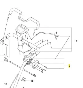 Zespół skrzynki rozdzielczej kosiarki Husqvarna LC 551iV z góry, metalowa konstrukcja z uchwytami, elementy montażowe, przewody i przyciski na szarym tle, białe tło ułatwia identyfikację.