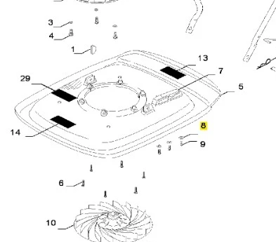 Podkładka kosiarki GX 560 Husqvarna, przedstawiona z góry, w pozycji leżącej. Na białym tle, widoczny strukturany kształt, z czterema otworami mocującymi i dwiema czarnymi naklejkami. Elementy montażowe i detal wizualny w centralnej części.