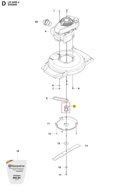 Metalowy, okrągły adapter noża kosiarki KLIPPO LB 548S e Husqvarna z centralnym otworem i logo Husqvarna, widoczny z boku na białym tle. Element w nowym stanie z wyraźnymi detalami montażowymi.