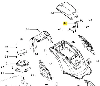 Zawias kosiarki LC 141iV Husqvarna, metalowy, matowy, w kształcie prostokąta, z widocznymi otworami montażowymi. Ujęcie frontalne, produkt leżący na neutralnym tle. Część z oznaczeniem numer 44, stworzona do łatwego mocowania.
