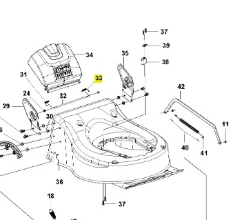 Wspornik kosiarki LC 141C Husqvarna w ujęciu z góry. Produkt w kolorze czarnym, wykonany z wytrzymałego materiału. Widoczne detale mocowania oraz numery części na obudowie. Elementy montażowe umieszczone obok. tło białe.