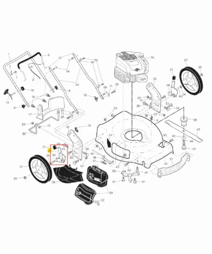 Regulator wysokości kosiarki LB 155S Husqvarna przedstawiony z góry, z detalem na mechanizm regulacji. Element w kolorze czarnym, wykonany z tworzywa sztucznego, z widocznymi oznaczeniami. Otoczenie czyste, na białym tle.