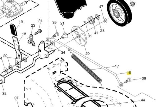 Łącznik kosiarki LC 153S Husqvarna, metalowy element w kolorze srebrnym, przedstawiony z boku. Widoczne mocowanie i sprężyna. Detale obejmują wyraźne oznaczenia numeryczne. Tło jest proste, co podkreśla produkt w kontekście montażu.