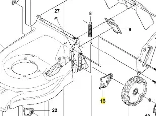 Szczegółowy rysunek ramienia kosiarki LC 247i Husqvarna w widoku z boku. Widoczne mocowanie, koło, oraz elementy montażowe. Ramię wykonane z metalu, z wyraźnymi oznaczeniami numerów części. Tło proste, białe.