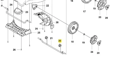 Schemat części kosiarki Husqvarna LC 247i, pokazujący różne elementy, w tym obudowę, wirnik, mocowania i detale. W prawym dolnym rogu zaznaczony element (nr 30) w kolorze żółtym. Elementy przedstawione są w układzie montażowym bez tła.