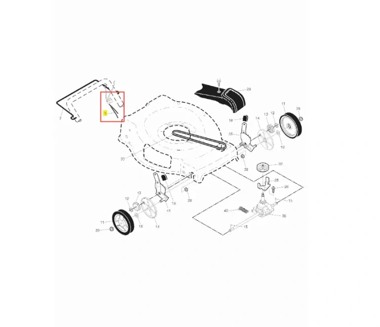 Linka kosiarki LB 155S Husqvarna w widoku izometrycznym, ukazująca szczegółowy schemat z numerami części. Widoczna metalowa linka w żółtej ramce, połączona z uchwytami. Tło białe, z łatwym dostępem do oznaczeń montażowych.