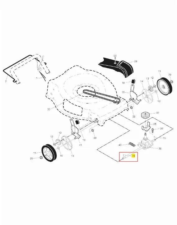 Sworzeń kosiarki LB 155S Husqvarna, metalowy element montażowy, widoczny w detalu. Ujęcie z boku, pokazujące gwintowaną końcówkę i uchwyt. W tle schemat konstrukcji, w jasnym kolorze, co ułatwia orientację w budowie.