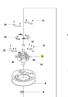Schemat wału kosiarki Husqvarna LC 141C z numeracją elementów, m.in. wał (11), obudowa (9) i mocowania. Neutralne tło ułatwia identyfikację części montażowych.