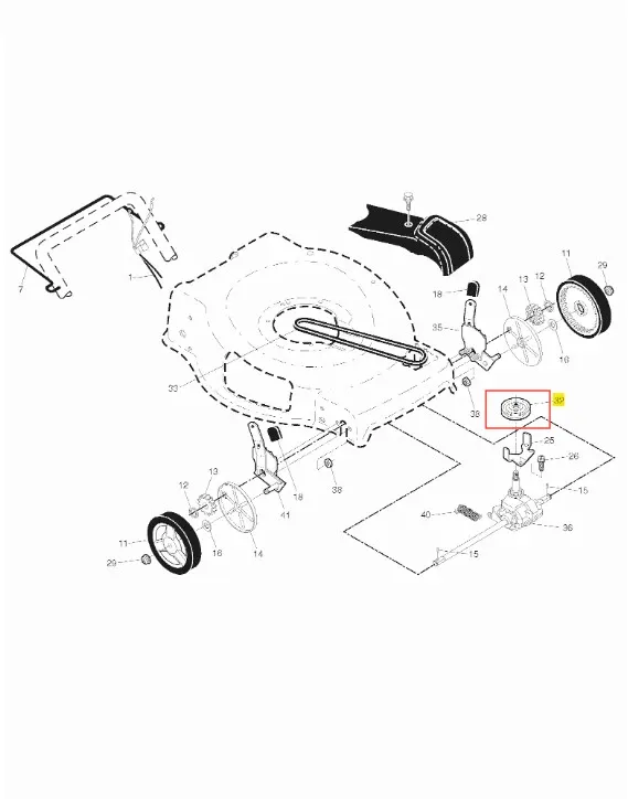 Koło pasowe kosiarki Husqvarna LB 155S, metalowe, w okrągłym kształcie, z centralnym otworem. Wyraźne oznaczenia i numery na kole. Ujęcie z boku, ukazujące szczegóły mocowania do kosiarki. Tło jasne, co poprawia widoczność detali.