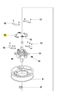 Schemat przedstawiający tarczę kosiarki LC 141C Husqvarna. Zawiera elementy montażowe z numeracją: 8 (podstawa), 9 (tarcza), 11-17 (komponenty). Ułożenie poziome, z detalami elementów w widoku z góry. Tło białe, bez dodatkowych dekoracji.