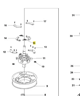 Sprężyna kosiarki LC 141C Husqvarna, metalowa, o okrągłym kształcie. Widoczna w widoku z góry, w miejscu montażu, obok innych elementów. Tło białe, jednostajne. Brak czytelnych napisów lub logo. Idealna do wymiany w kosiarkach Husqvarna.