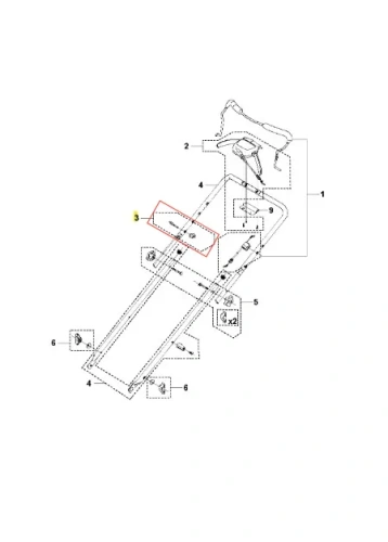 Schemat prowadnika kosiarki LC 353AWD Husqvarna pokazuje elementy montażowe, rączkę, przyciski i oznaczone numery części, widoczny z boku na białym tle.