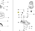 Diagram części stycznika kosiarki LC 141C Husqvarna z obudową, przyciskami i mocowaniami. Oznaczenia i rozmieszczenie ułatwiają identyfikację i montaż. Białe tło, czytelny obraz.