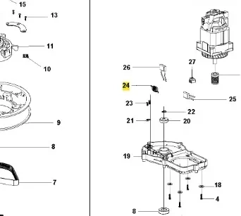 Diagram części stycznika kosiarki LC 141C Husqvarna z obudową, przyciskami i mocowaniami. Oznaczenia i rozmieszczenie ułatwiają identyfikację i montaż. Białe tło, czytelny obraz.