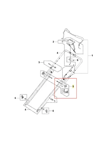 Schemat pokrętła składania kosiarki Husqvarna LC 353AWD, z centralnym kwadratowym elementem oznaczonym „5”, część mechanizmu złącznego. Widać otwory montażowe i fragmenty kosiarki na białym tle.