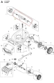Szkic techniczny drzwi kompletnej kosiarki Husqvarna LC 353AWD. Oznaczone części z numerami, w tym uchwyt i elementy mocujące. Widok z góry, prezentujący szczegóły konstrukcji i rozmieszczenie komponentów. Proste tło, bez dodatkowych elementów.