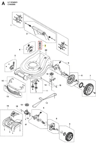 Łożysko kosiarki LC 353AWD Husqvarna w układzie przestrzennym, z wyraźnym oznaczeniem numeru 20. Widoczna konstrukcja z materiału plastikowego, detale komponentów, w tym koła i śruby. Pojedynczy element w kontekście schematu montażowego.