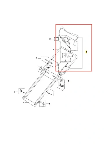 Zespół ramienia pałąka kosiarki Husqvarna LC 353AWD z góry, z częściami montażowymi i numeracją. Widoczne mocowania, chwytnik rączki oraz kluczowe elementy na schemacie technicznym, na prostym tle.