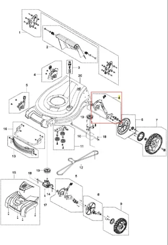 Regulator kosiarki Husqvarna LC 353AWD widziany z góry, pokazujący wałek i elementy montażowe na białym tle dla łatwej identyfikacji detali i układu wewnętrznego.