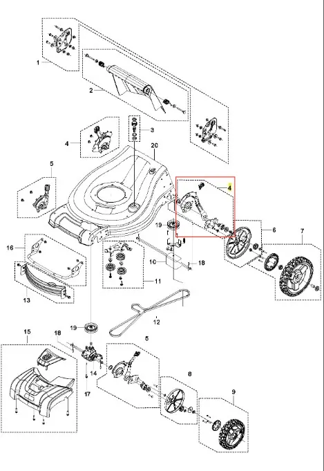Regulator kosiarki Husqvarna LC 353AWD widziany z góry, pokazujący wałek i elementy montażowe na białym tle dla łatwej identyfikacji detali i układu wewnętrznego.