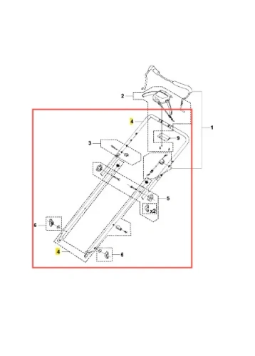 Uchwyt zestaw kosiarki LC 353AWD Husqvarna prezentuje schemat z widocznymi elementami montażowymi, takimi jak śruby i mocowania. Produkt pokazany z góry, z wyraźnie zaznaczonymi numerami części. Prosty, nowoczesny design w kolorze szarym.