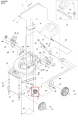 Przekładnia kosiarki LC 551SP Husqvarna z metalowym szarym korpusem, widoczna tarcza i elementy montażowe, nowa część schematu montażowego, widok z przodu w detalu.