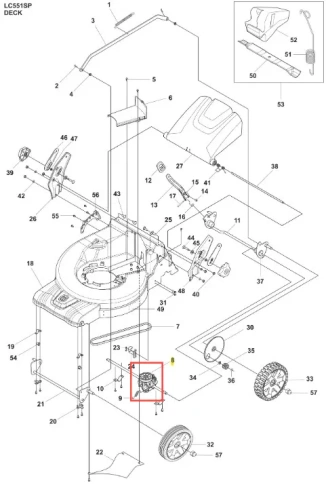 Przekładnia kosiarki LC 551SP Husqvarna z metalowym szarym korpusem, widoczna tarcza i elementy montażowe, nowa część schematu montażowego, widok z przodu w detalu.