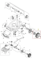 Koło kosiarki Husqvarna LC 353AWD, zaokrąglone, z metalowym obszyciem i widocznym mocowaniem, pod kątem na spodzie maszyny, na tle schematu, metalowo-plastikowe elementy jasno wyróżnione.