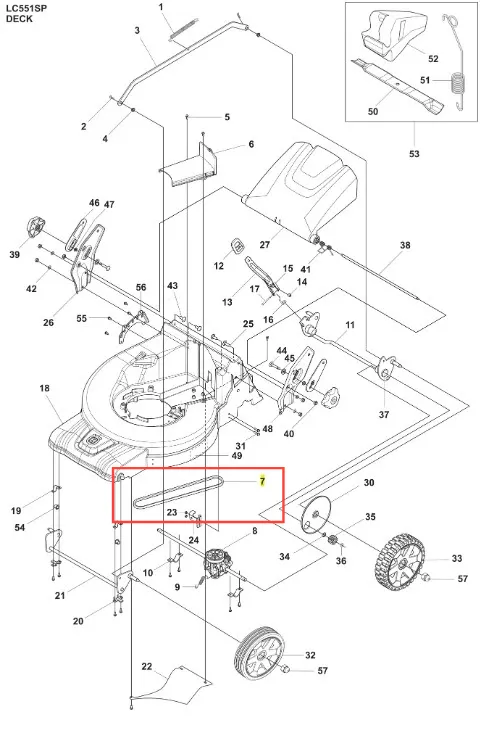 Pasek kosiarki LC 551SP Husqvarna, wykonany z metalu, w kolorze srebrnym. Widoczny w zbliżeniu na schemacie, przedstawiony w pozycji w poziomie, ukazuje mocowanie i detale konstrukcyjne. Tło neutralne, bez dodatkowych elementów.