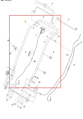 Uchwyt kosiarki LC 347V Husqvarna, metalowy, w kształcie prostokąta z zaokrąglonymi krawędziami. Widoczne elementy mocujące, w tym dodatkowy uchwyt. Ujęcie z góry, na jasnym tle, ukazujące szczegóły konstrukcyjne i łączenia elementów.