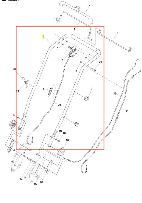 Uchwyt kosiarki LC 347V Husqvarna, metalowy, w kształcie prostokąta z zaokrąglonymi krawędziami. Widoczne elementy mocujące, w tym dodatkowy uchwyt. Ujęcie z góry, na jasnym tle, ukazujące szczegóły konstrukcyjne i łączenia elementów.