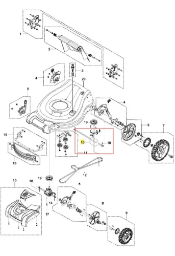 Przekładnia kosiarki LC 353 AWD Husqvarna przedstawiona jako część schematu. Ujęcie z góry, ukazujące komponenty, w tym elementy metalowe, śruby oraz konkretne oznaczenia. Widoczne detale mechaniczne, z prostym białym tłem.