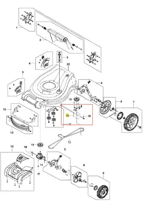 Przekładnia kosiarki LC 353 AWD Husqvarna przedstawiona jako część schematu. Ujęcie z góry, ukazujące komponenty, w tym elementy metalowe, śruby oraz konkretne oznaczenia. Widoczne detale mechaniczne, z prostym białym tłem.
