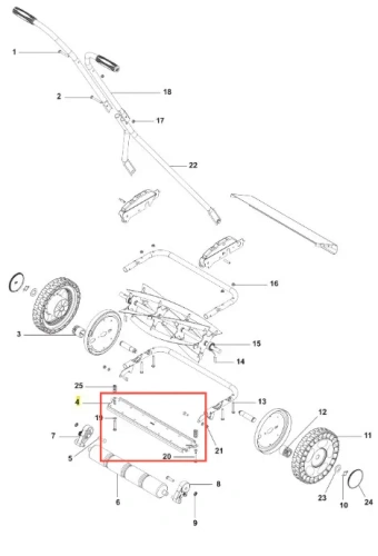 Nóż kosiarki Exclusive 54 Husqvarna, metalowy, długi o prostokątnym kształcie, prezentowany z boku, z numerem identyfikacyjnym. Element w stanie nowym, z wyraźnymi oznaczeniami oraz gładką fakturą, umieszczony na białym tle.