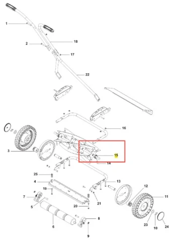 Metalowe łożysko kosiarki Husqvarna Exclusive 54, widoczne z przodu w centrum schematu, otoczone innymi częściami, oznaczone numerem 15 w czerwonej ramce.