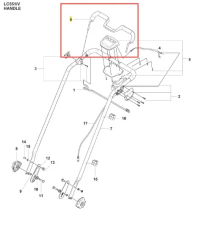 Czarny, stalowy uchwyt kosiarki LC 551iV Husqvarna, z ergonomicznymi rączkami, widoczny z boku z detalami mocowania i przyciskami, na neutralnym tle. Wysokość uchwytu dostosowana do użytkowania.