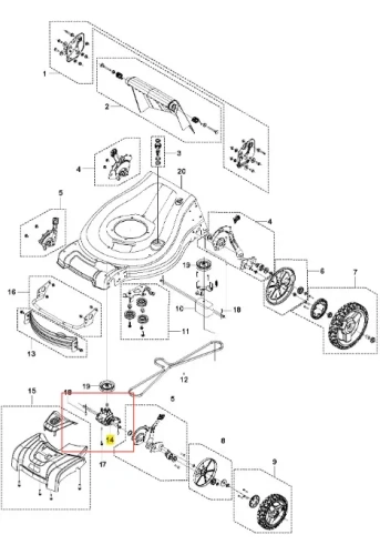 Przekładnia kosiarki Husqvarna LC 353AWD z metalową obudową, centralnie umieszczona, z mocowaniami i kołem zamachowym, oznaczeniami i numerami identyfikacyjnymi, na białym tle.