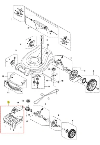 Przednie czerwone okładki do kosiarki LC 353AWD Husqvarna, widok z góry. Plastikowe, prostokątne z otworami montażowymi i gładką powierzchnią, z widocznymi mocowaniami.