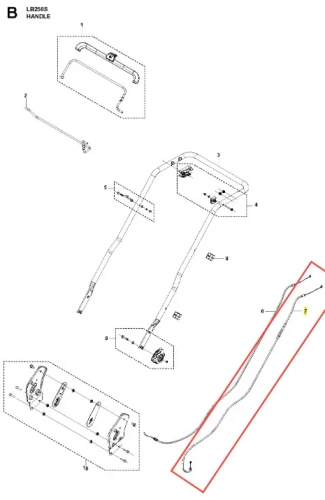 Przewody kosiarki LB 256S Husqvarna w układzie schematycznym. Zawierają dwa przewody o elastycznej strukturze, z widocznymi złączkami na końcach. Przewody umieszczone na białym tle, ułożone równolegle, z detalami mocowań.