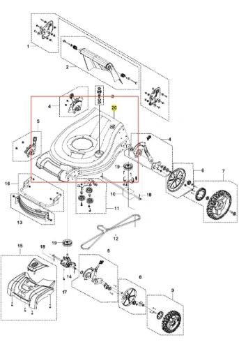 Podwozie kosiarki Husqvarna LC 353AWD, szaro-czarne, gładkie, z widocznymi otworami montażowymi i oznaczeniami części, leżące na białym tle, z kompletem elementów montażowych.