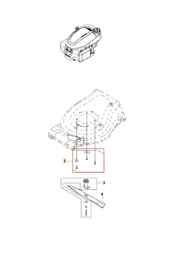 Zestaw montażowy silnika kosiarki LC 353AWD Husqvarna zawiera widoczną jednostkę silnikową z przezroczystym zbiornikiem paliwa z czarną przykrywką. W tle znajduje się schemat montażowy z oznaczeniami, śrubami i elementami mocującymi.